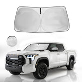 HOHUIGO front windshiled shade showing exact fit for Toyota Tundra, protects interior from heat