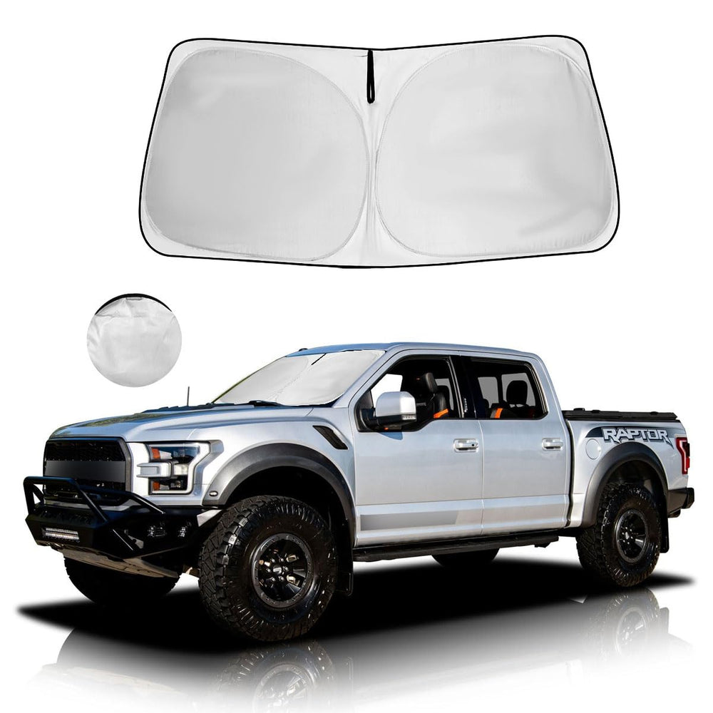 HOHUIGO front view installed on Ford F-150 showing full windshield coverage and protection