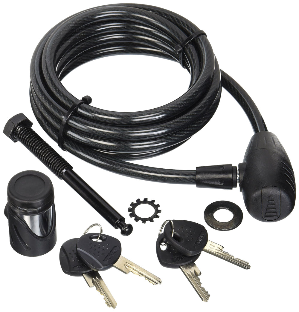 Hollywood Racks locking hitch pin front view showing bolt and keyed cable for secure rack fit