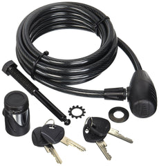 Hollywood Racks locking hitch pin front view showing bolt and keyed cable for secure rack fit