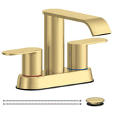 Homevacious front view of brushed gold faucet showing elegant waterfall spout and finish benefit