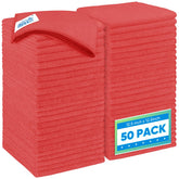HOMEXCEL front packaging showing 50 red microfiber towels and benefits
