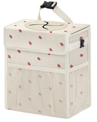 HORJONES front view of trash can showing corduroy and lid keeping interior tidy