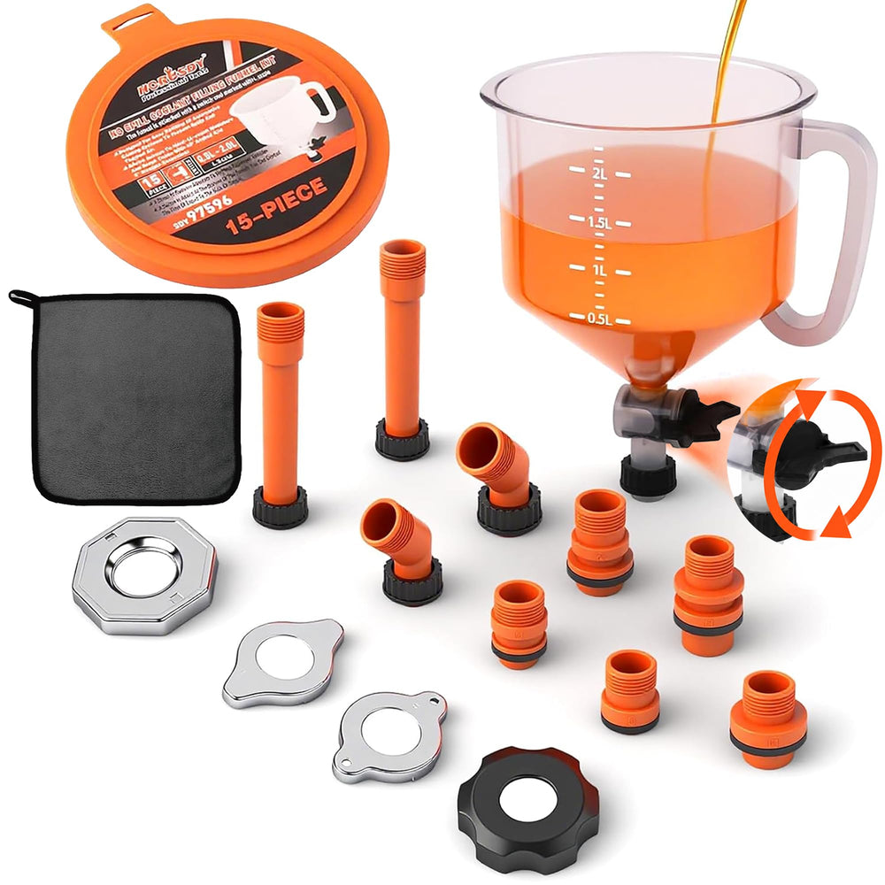 HORUSDY funnel front view showing universal spout and clean fill benefit