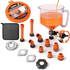 HORUSDY funnel front view showing universal spout and clean fill benefit