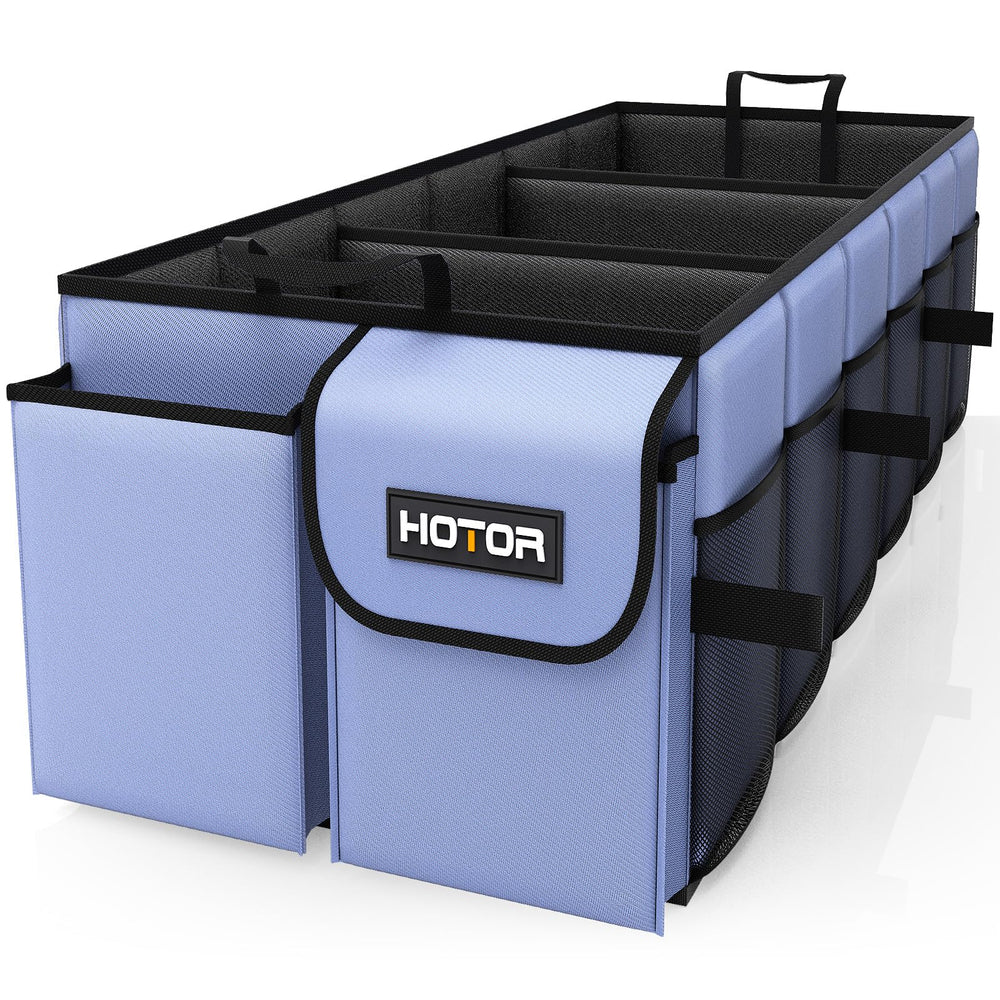 HOTOR trunk organizer front view showing compartments and tidy storage benefit