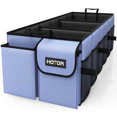 HOTOR trunk organizer front view showing compartments and tidy storage benefit