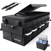 HOTOR trunk organizer front view showing compartments and tidy storage benefit