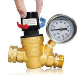 Hourleey front view of regulator showing connections and compact design, protects plumbing