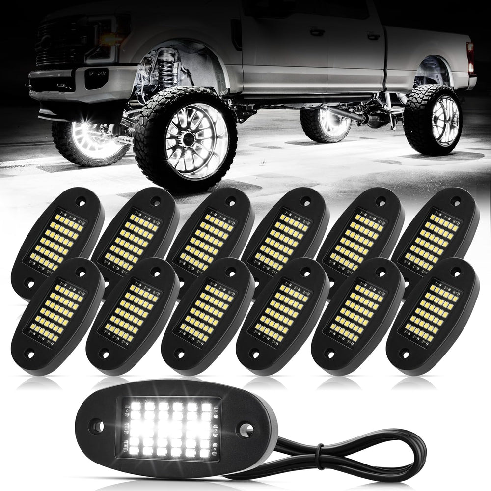 Hovano kit front packaging showing all 12 white rock lights and accessories for easy setup