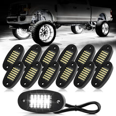 Hovano kit front packaging showing all 12 white rock lights and accessories for easy setup