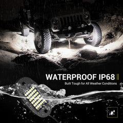 Hovano rock lights mounted under chassis showing durable placement and improved visibility