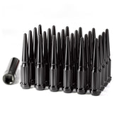 HOWBOW front view of 24 black spike lug nuts showing complete kit and key for bold styling