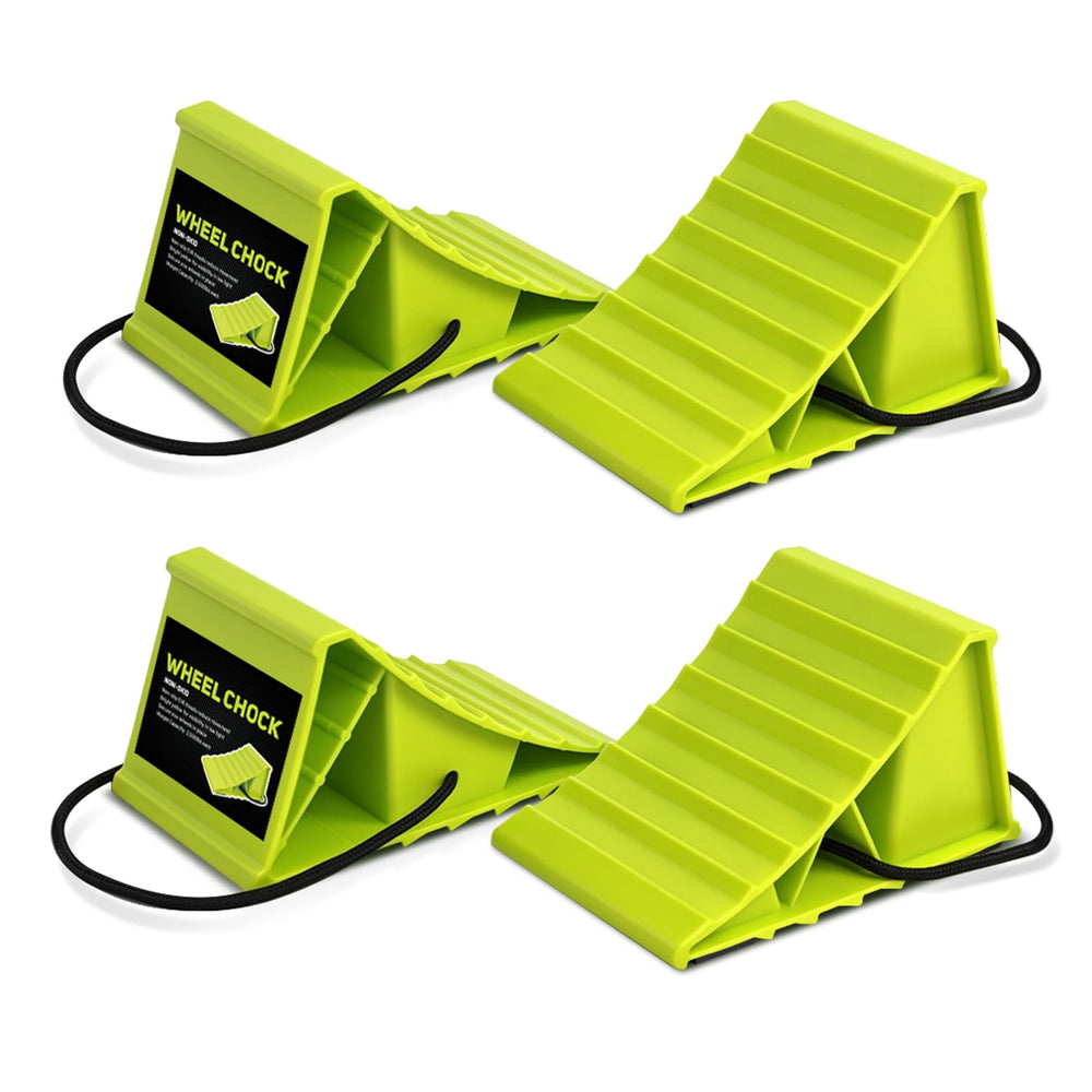 HOXWELL front view of chocks showcasing shape and bright green visibility benefit