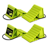 HOXWELL front view of chocks showcasing shape and bright green visibility benefit