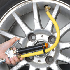 Hromee lock-on brass chuck attached to tire valve for secure, leak-free inflation