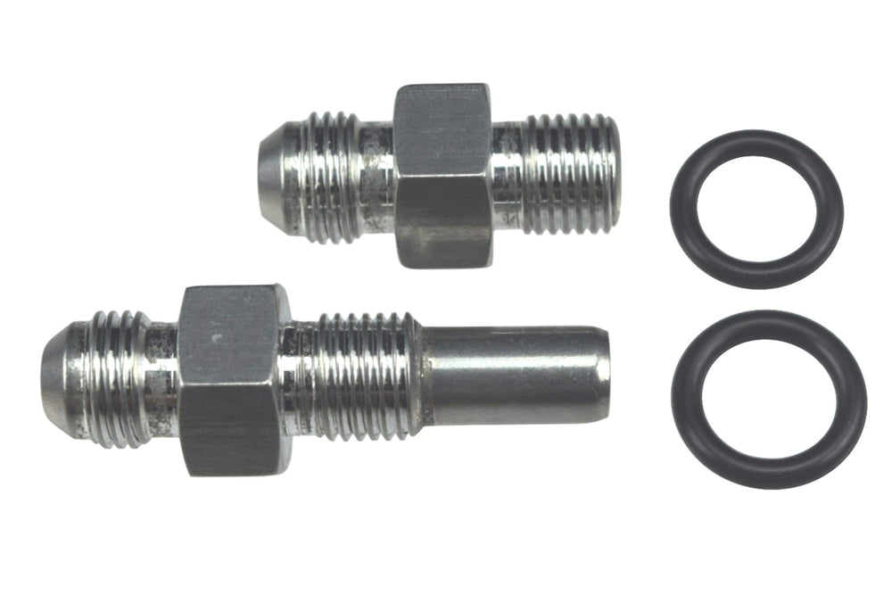 ICT Billet front and rear adapter fittings showing profile and included O-rings, ensures reliable AN connection