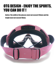 immoono closeup of gradient pink lens highlighting anti-fog clarity and UV protection