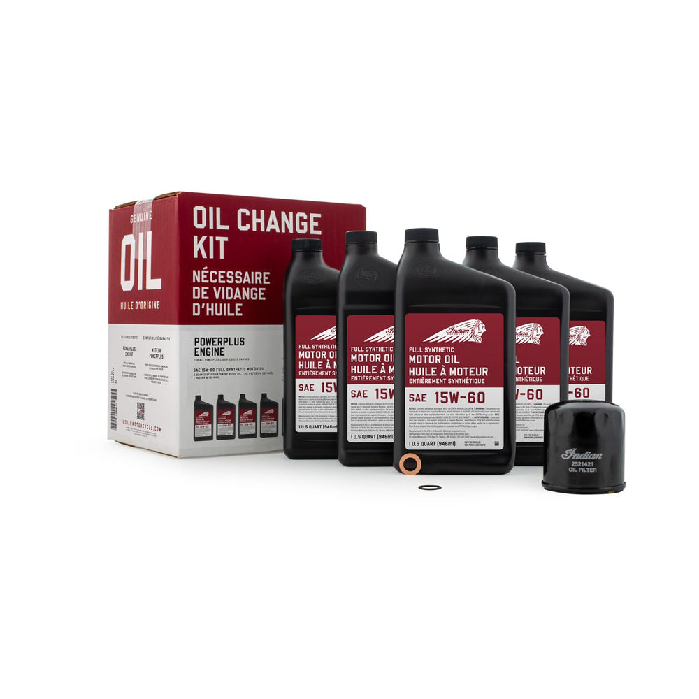 Indian Motorcycle kit front packaging showing complete oil change gear and convenience