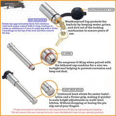 InfiniteRule Security lock installed on B&W Tow & Stow adjustable ball mount demonstrating proper fit