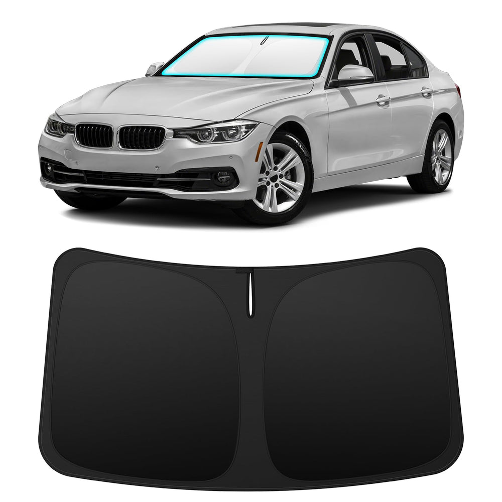 INSAUTO front-view on BMW 3 Series windshield showing full coverage and sun protection