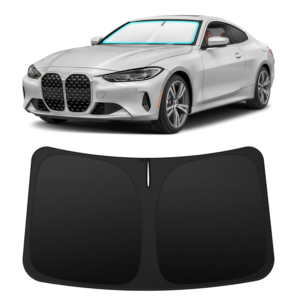 INSAUTO sun shade front view showing precise BMW 4 Series fit and sun blocking benefit