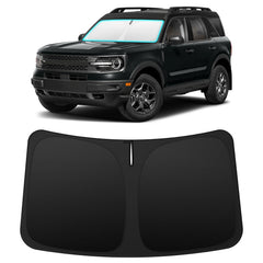 INSAUTO front-fit sun shade on Ford Bronco Sport showing exact coverage benefits