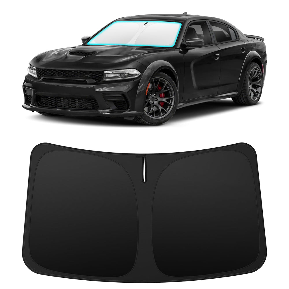 INSAUTO front view sun shade fitted to Dodge Charger windshield protects interior