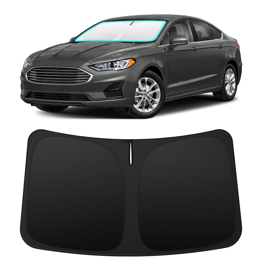 INSAUTO front view on Ford Fusion showing full windshield coverage and sun protection
