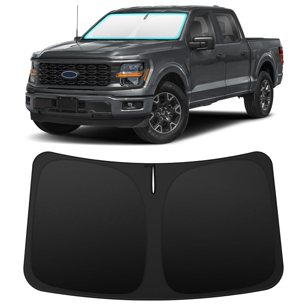 INSAUTO front-fit windshield shade showing precise Ford F150 fit and interior protection
