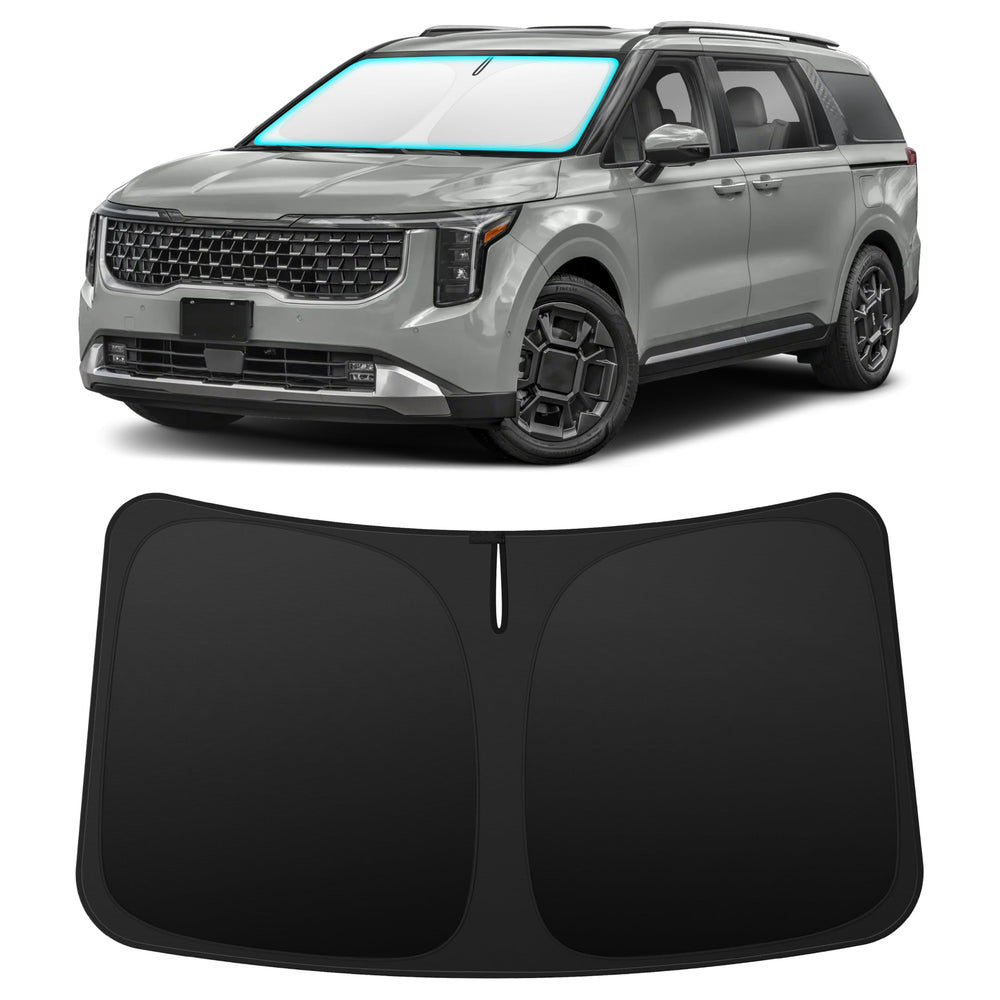 INSAUTO front view on Kia Carnival showing precise windshield fit and sun blockage