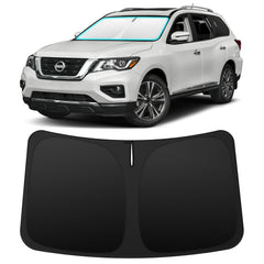 INSAUTO front view sunshade fitted in Pathfinder windshield showing full coverage and protection