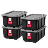 IRIS USA front view of four gray totes showing lids and capacity benefit
