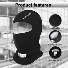 J-RACING balaclava worn under racing helmet demonstrating low-bulk comfort