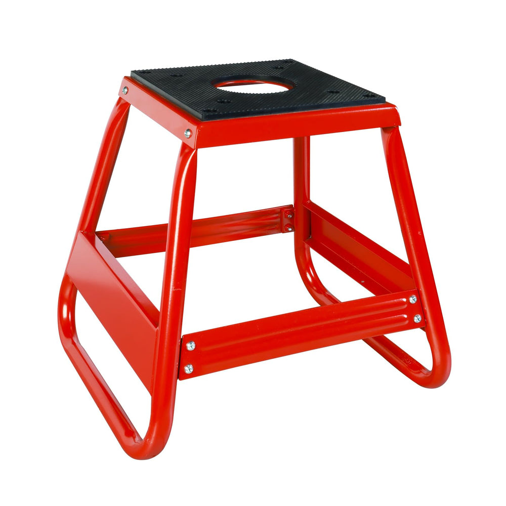 Jack Boss front view of red stand showing sturdy frame and safe lift benefit