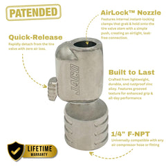 JACO close-up of 1/4" F-NPT threaded base showing compatibility details