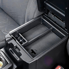 JDMCAR front view of organizer showing three compartments and tidy storage benefits