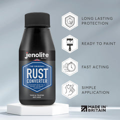 JENOLITE bottle open with liquid pouring, demonstrating easy application