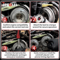 JEUCLEL socket mounted on a camshaft adjuster demonstrating correct use