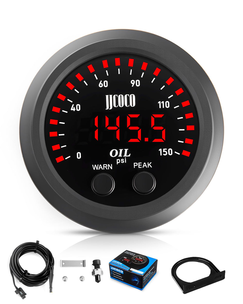 JJCOCO front view gauge showing bright LED readout and needle for fast checks