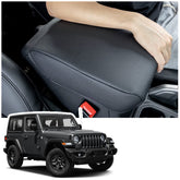 JKCOVER front view of armrest cover showing fit and finished look, protects console