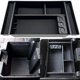 JOJOMARK front view of console tray showing tidy compartments and quick install benefit