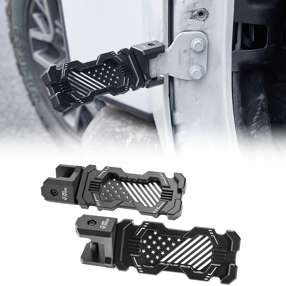 JOYTUTUS front view door hinge foot pegs showing durable aluminum finish and secure clamp