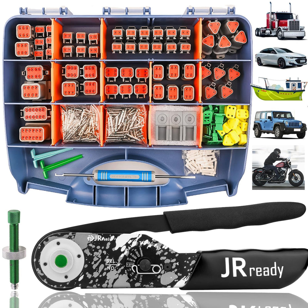 JRready front view of Deutsch connector kit showing complete contents and organization