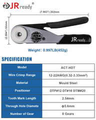 JRready ratchet detail showing built-in ratchet that ensures consistent crimps