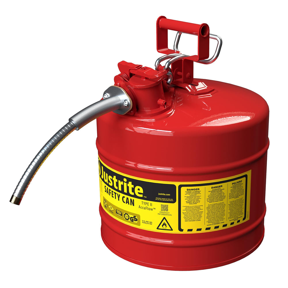 Justrite front view red safety can showing pouring spout and handle benefit safe transport