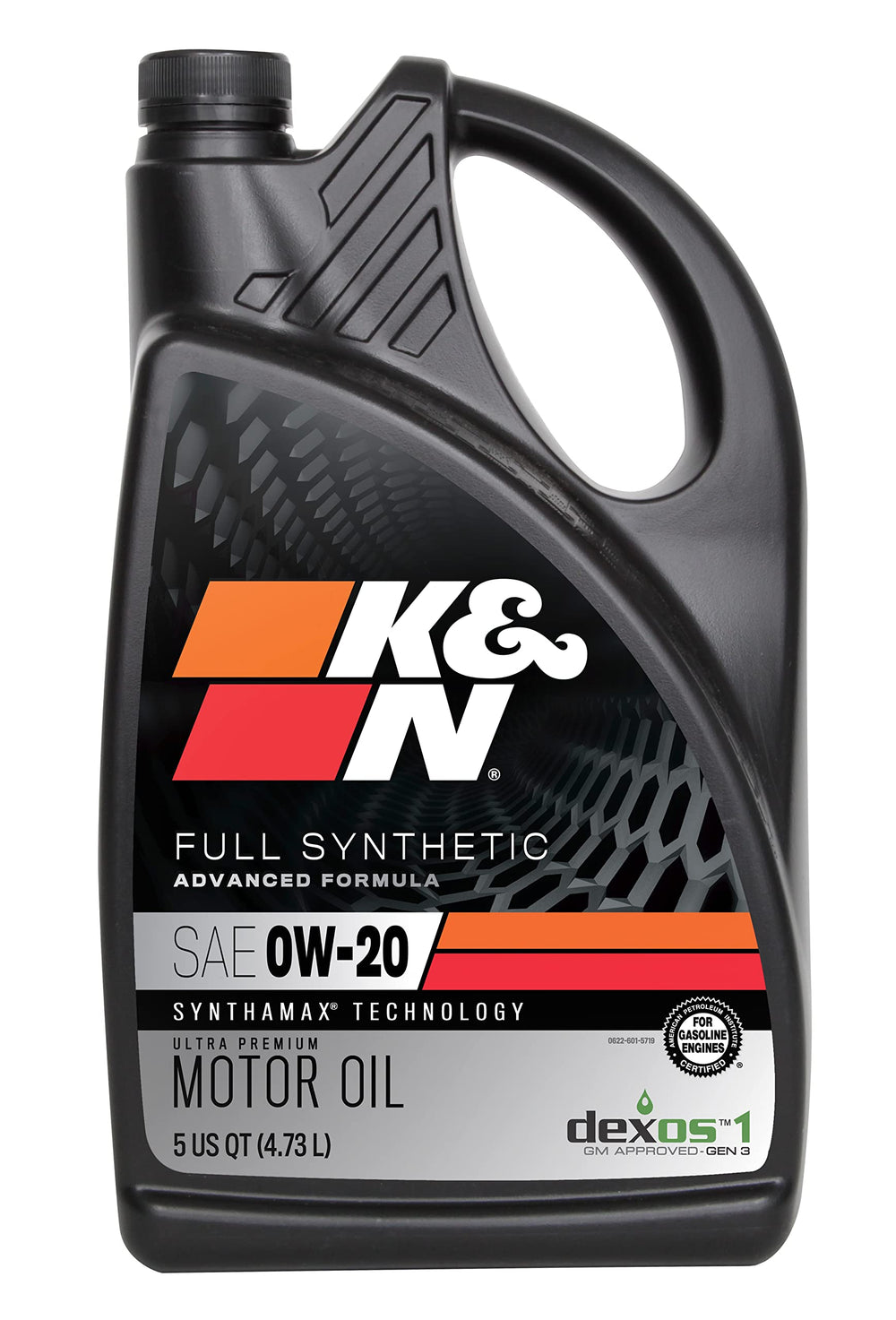 K&N bottle front view showing brand and 0W-20 grade for reliable protection