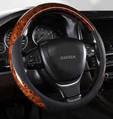 KAFEEK front view of wood-grain steering wheel cover shows refined cabin upgrade