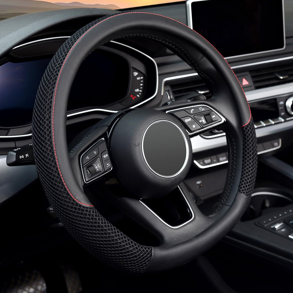 KAFEEK steering wheel cover front view showing sleek black finish and improved grip