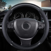 KAFEEK front view of black carbon fiber steering wheel cover showing clean fit and style